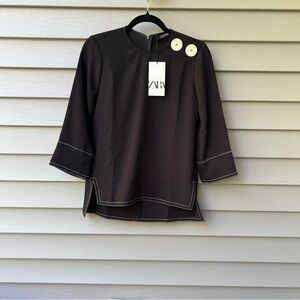 Zara Top Button Detaile High Low Hem Blouse Black Women's Size XXS